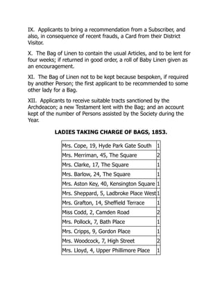 IX. Applicants to bring a recommendation from a Subscriber, and
also, in consequence of recent frauds, a Card from their District
Visitor.
X. The Bag of Linen to contain the usual Articles, and to be lent for
four weeks; if returned in good order, a roll of Baby Linen given as
an encouragement.
XI. The Bag of Linen not to be kept because bespoken, if required
by another Person; the first applicant to be recommended to some
other lady for a Bag.
XII. Applicants to receive suitable tracts sanctioned by the
Archdeacon; a new Testament lent with the Bag; and an account
kept of the number of Persons assisted by the Society during the
Year.
LADIES TAKING CHARGE OF BAGS, 1853.
Mrs. Cope, 19, Hyde Park Gate South 1
Mrs. Merriman, 45, The Square 2
Mrs. Clarke, 17, The Square 1
Mrs. Barlow, 24, The Square 1
Mrs. Aston Key, 40, Kensington Square 1
Mrs. Sheppard, 5, Ladbroke Place West 1
Mrs. Grafton, 14, Sheffield Terrace 1
Miss Codd, 2, Camden Road 2
Mrs. Pollock, 7, Bath Place 1
Mrs. Cripps, 9, Gordon Place 1
Mrs. Woodcock, 7, High Street 2
Mrs. Lloyd, 4, Upper Phillimore Place 1
 