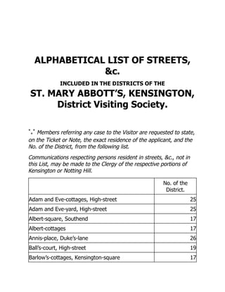 ALPHABETICAL LIST OF STREETS,
&c.
INCLUDED IN THE DISTRICTS OF THE
ST. MARY ABBOTT’S, KENSINGTON,
District Visiting Society.
*
*
*
Members referring any case to the Visitor are requested to state,
on the Ticket or Note, the exact residence of the applicant, and the
No. of the District, from the following list.
Communications respecting persons resident in streets, &c., not in
this List, may be made to the Clergy of the respective portions of
Kensington or Notting Hill.
No. of the
District.
Adam and Eve-cottages, High-street 25
Adam and Eve-yard, High-street 25
Albert-square, Southend 17
Albert-cottages 17
Annis-place, Duke’s-lane 26
Ball’s-court, High-street 19
Barlow’s-cottages, Kensington-square 17
 