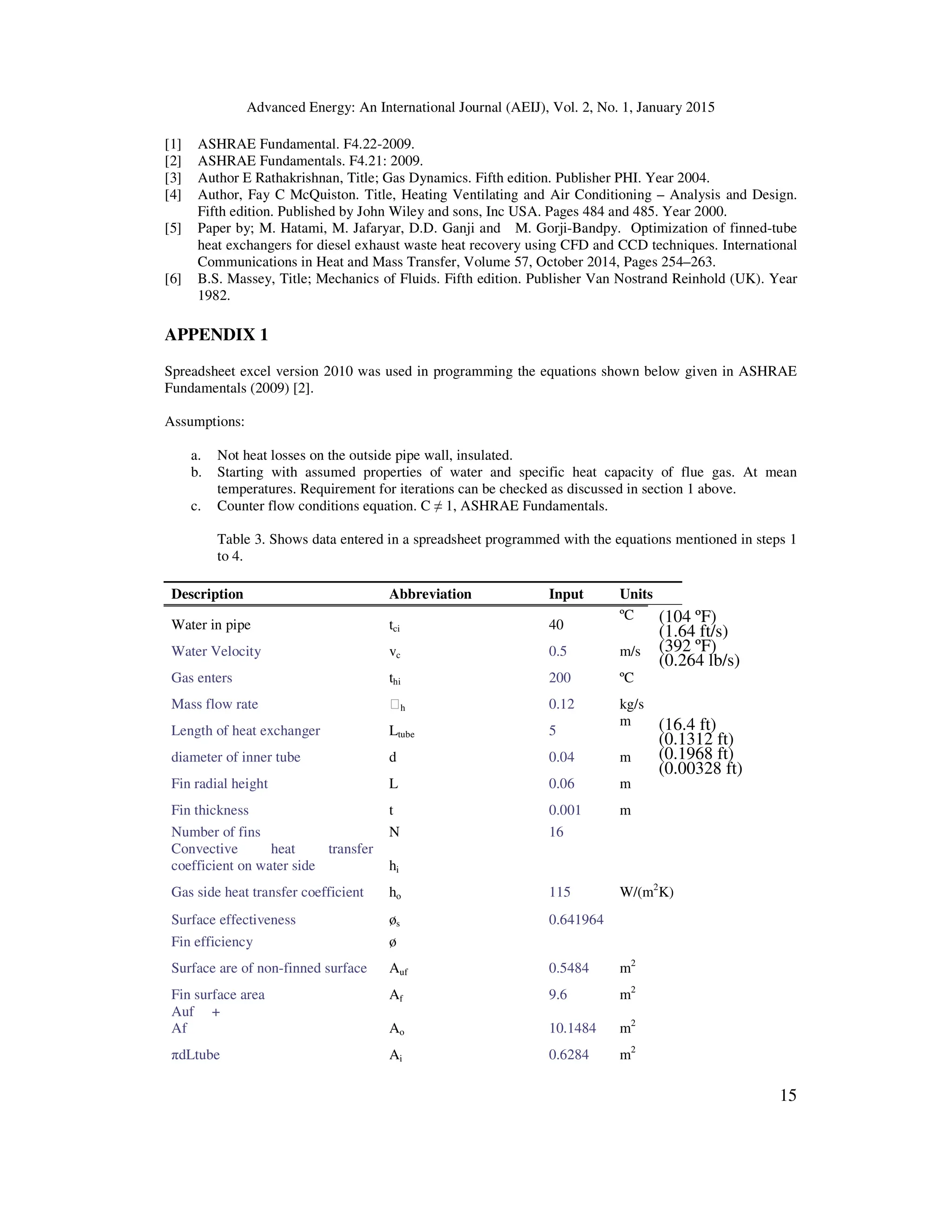 Advanced Energy: An International Journal (AEIJ), Vol. 2, No. 1, January 2015
15
[1] ASHRAE Fundamental. F4.22-2009.
[2] ASHRAE Fundamentals. F4.21: 2009.
[3] Author E Rathakrishnan, Title; Gas Dynamics. Fifth edition. Publisher PHI. Year 2004.
[4] Author, Fay C McQuiston. Title, Heating Ventilating and Air Conditioning – Analysis and Design.
Fifth edition. Published by John Wiley and sons, Inc USA. Pages 484 and 485. Year 2000.
[5] Paper by; M. Hatami, M. Jafaryar, D.D. Ganji and M. Gorji-Bandpy. Optimization of finned-tube
heat exchangers for diesel exhaust waste heat recovery using CFD and CCD techniques. International
Communications in Heat and Mass Transfer, Volume 57, October 2014, Pages 254–263.
[6] B.S. Massey, Title; Mechanics of Fluids. Fifth edition. Publisher Van Nostrand Reinhold (UK). Year
1982.
APPENDIX 1
Spreadsheet excel version 2010 was used in programming the equations shown below given in ASHRAE
Fundamentals (2009) [2].
Assumptions:
a. Not heat losses on the outside pipe wall, insulated.
b. Starting with assumed properties of water and specific heat capacity of flue gas. At mean
temperatures. Requirement for iterations can be checked as discussed in section 1 above.
c. Counter flow conditions equation. C ≠ 1, ASHRAE Fundamentals.
Table 3. Shows data entered in a spreadsheet programmed with the equations mentioned in steps 1
to 4.
Description Abbreviation Input Units
Water in pipe tci 40
ºC
Water Velocity vc 0.5 m/s
Gas enters thi 200 ºC
Mass flow rate h 0.12 kg/s
Length of heat exchanger Ltube 5
m
diameter of inner tube d 0.04 m
Fin radial height L 0.06 m
Fin thickness t 0.001 m
Number of fins N 16
Convective heat transfer
coefficient on water side hi
Gas side heat transfer coefficient ho 115 W/(m2
K)
Surface effectiveness øs 0.641964
Fin efficiency ø
Surface are of non-finned surface Auf 0.5484 m2
Fin surface area Af 9.6 m2
Auf +
Af Ao 10.1484 m2
πdLtube Ai 0.6284 m2
(104 ºF)
(1.64 ft/s)
(392 ºF)
(0.264 lb/s)
(16.4 ft)
(0.1312 ft)
(0.1968 ft)
(0.00328 ft)
 