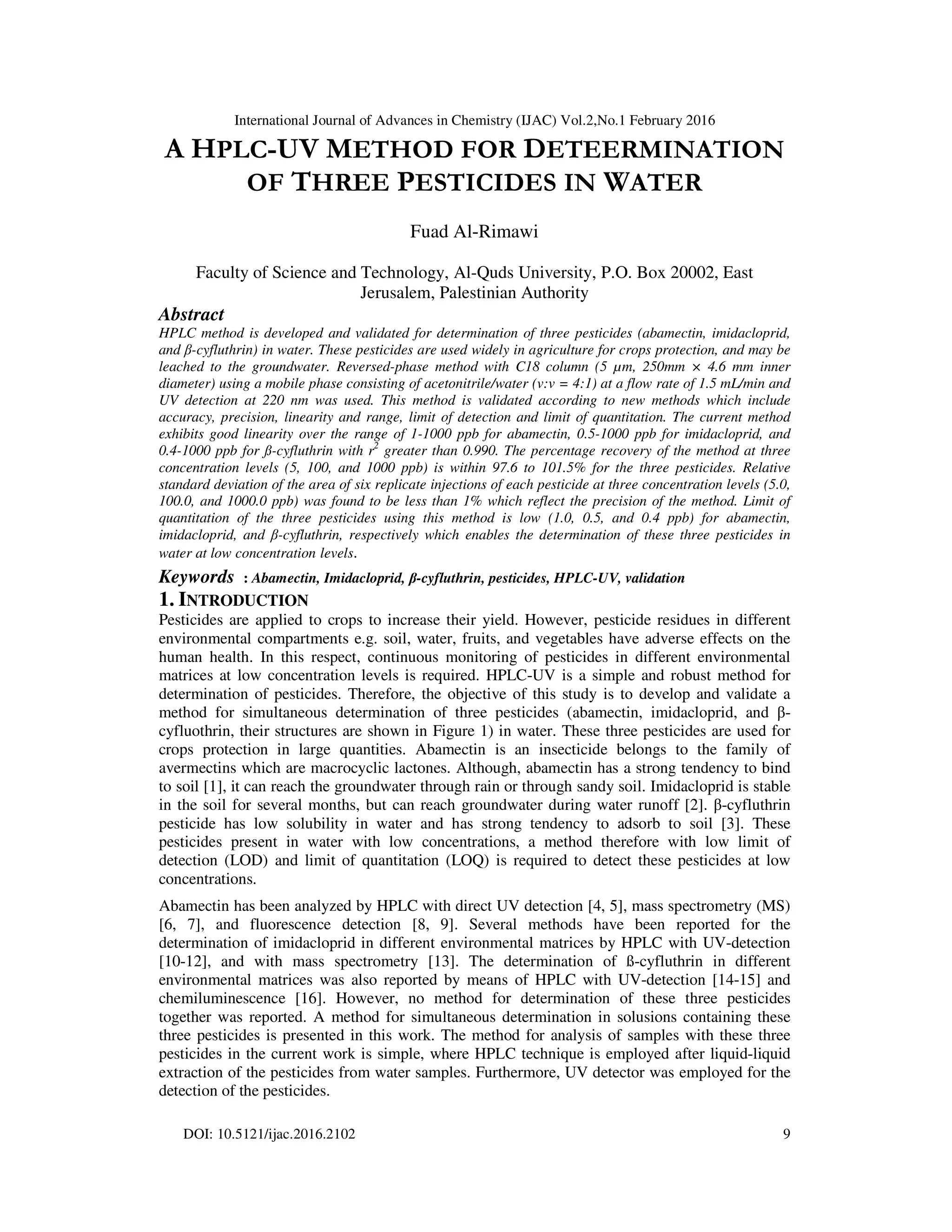 A HPLC-UV METHOD FOR DETEERMINATION OF THREE PESTICIDES IN WATER | PDF