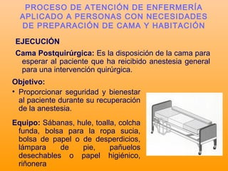 EJECUCIÓN
Cama Postquirúrgica: Es la disposición de la cama para
esperar al paciente que ha reicibido anestesia general
para una intervención quirúrgica.
PROCESO DE ATENCIÓN DE ENFERMERÍA
APLICADO A PERSONAS CON NECESIDADES
DE PREPARACIÓN DE CAMA Y HABITACIÓN
Objetivo:
• Proporcionar seguridad y bienestar
al paciente durante su recuperación
de la anestesia.
Equipo: Sábanas, hule, toalla, colcha
funda, bolsa para la ropa sucia,
bolsa de papel o de desperdicios,
lámpara de pie, pañuelos
desechables o papel higiénico,
riñonera
 
