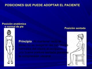 Posición anatómicaPosición anatómica
o normal de pieo normal de pie
Posición sentadaPosición sentada
Principio: Al mantener recto el
dorso no se exageran las curvaturas
normales del cóccix al occipucio,
una buena postura sentada previene
la comprensión visceral
POSICIONES QUE PUEDE ADOPTAR EL PACIENTEPOSICIONES QUE PUEDE ADOPTAR EL PACIENTE
 