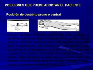 Posición de decúbito prono o ventralPosición de decúbito prono o ventral
También llamado Decúbito Ventral. En esta posición el
paciente descansa sobre su abdomen y pecho, con la
cabeza inclinada hacia un lado. Las medidas de sostén
para el paciente en esta posición son almohadas o rollos
pequeños en el abdomen a nivel del diafragma, para dar
compensación a la curvatura lumbar y si se trata de una
mujer, para disminuir el peso de su cuerpo sobre las
mamas. Una almohada pequeña debajo de cada hombro,
ayuda a sostener la alineación anatómica.
POSICIONES QUE PUEDE ADOPTAR EL PACIENTEPOSICIONES QUE PUEDE ADOPTAR EL PACIENTE
 