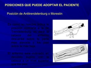 Posición de APosición de Antitrendelenburg o Morestinntitrendelenburg o Morestin
Es como su nombre indica la
posición contraria a la de
Trendelenburg, es decir la
cabeza del enfermo
descansa sobre la parte
mas elevada y los pies
sobre la más baja.
El enfermo está inclinado en
decúbito supino con la
cabeza a un nivel superior
que los pies.
POSICIONES QUE PUEDE ADOPTAR EL PACIENTEPOSICIONES QUE PUEDE ADOPTAR EL PACIENTE
 