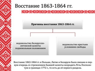 Восстание 1863-1864 гг.
Восстание 1863-1864 гг. в Польше, Литве и Беларуси было связано в пер-
вую очередь со стремлением бывшей шляхты возродить Речь Посполи-
тую в границах 1772 г., то есть до её первого раздела.
Причины восстания 1863-1864 гг.
недовольство белорусско-
литовской шляхты
подневольным положением
недовольство крестьян
условиями свободы
 