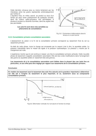 E
Fig. 6.8 : Contraintes et déformations dans le
temps en un point donné
Cette dernière s’évacue plus ou moins lentement par les
interstices entre les grains représentés schématiquement
par l’orifice O.
L’équilibre final, en milieu saturé, se produit au bout d’un
temps qui peut varier pratiquement de quelques minutes,
dans les milieux sablo-graveleux très perméables, à
plusieurs années ou dizaines d’années, dans les argiles très
peu perméable.
Les sols fin sont donc très sensibles au
phénomène de consolidation.
3.2.2. Consolidation primaire consolidation secondaire
L’abaissement du piston à la fin de la consolidation primaire correspond au tassement final du sol ou
tassement primaire.
Au-delà de cette phase, toute la charge est encaissée par le ressort c’est à dire, le squelette solide. La
pression interstitielle dans le massif est égale à la pression hydrostatique. La pression u induite par le
chargement est nulle.
L’expérience montre que le sol continue à tasser une fois la consolidation primaire achevée. Cette nouvelle
phase de tassement s’appelle consolidation secondaire. Elle est due à des modifications dans l’arrangement
des grains du squelette solide (cf. tassement des sols grenus).
Les tassements dû à la consolidation secondaire sont faibles dans la plupart des cas (sols fins en
particulier), et son effet peut être négligé par rapport aux tassements de la consolidation primaire.
Conclusion
En matière de tassement seul le tassement des sols fins saturés est la grandeur importante à déterminer
car elle est à l’origine du tassement le plus important, et ce, seulement sous sa composante
consolidation primaire.
Fig.6.8. Déformation verticale d’un sol saturé en fonction du temps
 