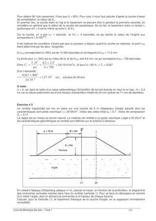 a = 10 m B = 5m
C = 6m
Pour obtenir 80 %du tassement, il faut que U = 80%. Pour cela, il nous faut calculer d’après la courbe d’essai
de consolidation, la valeur de Cv .
En premier lieu, la courbe étant en log et le tassement ne pouvant être lu pendant la première seconde, on
considère en général que le début de la courbe est parabolique. De ce fait, le tassement entre un temps t1
quelconque et t = 0 est le même qu’entre t1 et 4.t1.
Sur la courbe, on a pris t1= 1 seconde et 4.t1 = 4 secondes, ce qui donne la valeur de l’origine aux
comparateurs 1,5/100ième
.
Il est habituel de considérer d’autre part que la pression a disparu quand la courbe se redresse, le point t100
étant déterminé par les deux tangentes.
Ici t100 correspondant à 100% est de 15 400 secondes et correspond à H100 = 11,3 mm
La droite pour u = 50% est au milieu de H0 et de H100, soit 6,4 mm, ce qui correspond à t50 = 790 secondes.
Donc
-
;;
1
1:47
7 ==
α
= 3,6.10-4 cm2
/s , et pour U = 80 % Tv = 0,567
D’où t demandé :
1-;
&;!
?&-;
== −
1
, soit plus de 30 ans.
A noter :
α = 4, car dans le cadre d’un essai oediométrique l’échantillon de sol est drainée en haut et en bas ; H = 2,4
cm car la cellule oediomètre est d’une hauteur d’échantillon initiale de 24 mm (cellule de 71 mm de diamètre).
Exercice n°2
Un remblai trapézoïdal est mis en place sur une couche de 5 m d'épaisseur d'argile saturée dont les
caractéristiques sont poids volumique γ = 20 kN/m3
; indice des vides initial e0 = 0,7 ; indice de compression
Cc = 0,17.
La nappe est au niveau du terrain naturel. Le matériau de remblai a un poids volumique γ égal à 20 kN/m3
et
les caractéristiques géométriques du remblai sont définies sur le schéma ci-dessous :
En utilisant l'abaque d'Osterberg (abaque n°4), calculer et tracer, en fonction de la profondeur, le diagramme
des contraintes verticales induites dans l'axe du remblai (verticale 1). Pour ce faire on découpera en tranche
d’un mètre l’argile, dont on donnera la contraintes à mi-hauteur de chaque tranche.
Calculer, pour la Verticale (1), le tassement théorique de la couche d'argile, en la supposant normalement
consolidée.
 