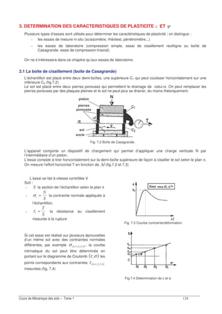 E
3. DETERMINATION DES CARACTERISTIQUES DE PLASTICITE " ET ϕ
Plusieurs types d’essais sont utilisés pour déterminer les caractéristiques de plasticité ; on distingue :
les essais de mesure in situ (scissomètre, rhéotest, pénétromètre...)
les essais de laboratoire (compression simple, essai de cisaillement rectiligne ou boîte de
Casagrande, essai de compression triaxial)
On ne s’intéressera dans ce chapitre qu’aux essais de laboratoire.
3.1 La boîte de cisaillement (boîte de Casagrande)
L’échantillon est placé entre deux demi-boîtes, une supérieure C1 qui peut coulisser horizontalement sur une
inférieure C2 (fig.7.2)
Le sol est placé entre deux pierres poreuses qui permettent le drainage de celui-ci. On peut remplacer les
pierres poreuses par des plaques pleines et le sol ne peut plus se drainer, du moins théoriquement.
Fig. 7.2 Boîte de Casagrande.
L’appareil comporte un dispositif de chargement qui permet d’appliquer une charge verticale N par
l’intermédiaire d’un piston.
L’essai consiste à tirer horizontalement sur la demi-boîte supérieure de façon à cisailler le sol selon le plan π.
On mesure l’effort horizontal T en fonction de ∆ (fig.7.2 et 7.3)
L’essai se fait à vitesse contrôlée V
Soit :
la section de l’échantillon selon le plan π
σ
)
= la contrainte normale appliquée à
l’échantillon,
τ
4
= la résistance au cisaillement
mesurée à la rupture
Si cet essai est réalisé sur plusieurs éprouvettes
d’un même sol avec des contraintes normales
différentes, par exemple ( );!;;=σ , la courbe
intrinsèque du sol peut être déterminée en
portant sur le diagramme de Coulomb ( )στ; les
points correspondants aux contraintes ( );!;;=τ
mesurées (fig. 7.4)
Fig.7.4 Détermination de c et ϕ
Fig. 7.3 Courbe contrainte/déformation
 
