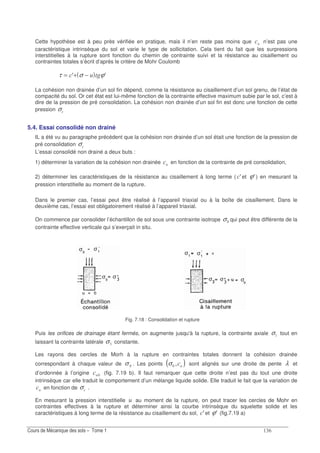 !&
Cette hypothèse est à peu près vérifiée en pratique, mais il n’en reste pas moins que " n’est pas une
caractéristique intrinsèque du sol et varie le type de sollicitation. Cela tient du fait que les surpressions
interstitielles à la rupture sont fonction du chemin de contrainte suivi et la résistance au cisaillement ou
contraintes totales s’écrit d’après le critère de Mohr Coulomb
( )τ σ ϕ= + −"A A
La cohésion non drainée d’un sol fin dépend, comme la résistance au cisaillement d’un sol grenu, de l’état de
compacité du sol. Or cet état est lui-même fonction de la contrainte effective maximum subie par le sol, c’est à
dire de la pression de pré consolidation. La cohésion non drainée d’un sol fin est donc une fonction de cette
pression σ"
5.4. Essai consolidé non drainé
IL a été vu au paragraphe précédent que la cohésion non drainée d’un sol était une fonction de la pression de
pré consolidation σ"
L’essai consolidé non drainé a deux buts :
1) déterminer la variation de la cohésion non drainée " en fonction de la contrainte de pré consolidation,
2) déterminer les caractéristiques de la résistance au cisaillement à long terme ( "Aet ϕA) en mesurant la
pression interstitielle au moment de la rupture.
Dans le premier cas, l’essai peut être réalisé à l’appareil triaxial ou à la boîte de cisaillement. Dans le
deuxième cas, l’essai est obligatoirement réalisé à l’appareil triaxial.
On commence par consolider l’échantillon de sol sous une contrainte isotrope σ qui peut être différente de la
contrainte effective verticale qui s’exerçait in situ.
Fig. 7.18 : Consolidation et rupture
Puis les orifices de drainage étant fermés, on augmente jusqu'à la rupture, la contrainte axiale σ tout en
laissant la contrainte latérale σ! constante.
Les rayons des cercles de Morh à la rupture en contraintes totales donnent la cohésion drainée
correspondant à chaque valeur de σ . Les points ( )σ ;" sont alignés sur une droite de pente λ et
d’ordonnée à l’origine " (fig. 7.19 b). Il faut remarquer que cette droite n’est pas du tout une droite
intrinsèque car elle traduit le comportement d’un mélange liquide solide. Elle traduit le fait que la variation de
" en fonction de σ" .
En mesurant la pression interstitielle au moment de la rupture, on peut tracer les cercles de Mohr en
contraintes effectives à la rupture et déterminer ainsi la courbe intrinsèque du squelette solide et les
caractéristiques à long terme de la résistance au cisaillement du sol, "A et ϕA (fig.7.19 a)
 