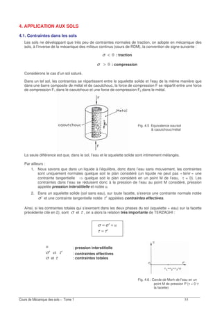 ??
4. APPLICATION AUX SOLS
4.1. Contraintes dans les sols
Les sols ne développant que très peu de contraintes normales de traction, on adopte en mécanique des
sols, à l’inverse de la mécanique des milieux continus (cours de RDM), la convention de signe suivante :
<σ : traction
>σ : compression
Considérons le cas d’un sol saturé.
Dans un tel sol, les contraintes se répartissent entre le squelette solide et l’eau de la même manière que
dans une barre composite de métal et de caoutchouc, la force de compression F se répartit entre une force
de compression F1 dans le caoutchouc et une force de compression F2 dans le métal.
Fig. 4.5 Equivalence eau/sol
& caoutchouc/métal
La seule différence est que, dans le sol, l’eau et le squelette solide sont intimement mélangés.
Par ailleurs :
1. Nous savons que dans un liquide à l’équilibre, donc dans l’eau sans mouvement, les contraintes
sont uniquement normales quelque soit le plan considéré (un liquide ne peut pas « tenir » une
contrainte tangentielle quelque soit le plan considéré en un point M de l’eau, τ = 0). Les
contraintes dans l’eau se réduisent donc à la pression de l’eau au point M considéré, pression
appelée pression interstitielle et notée u.
2. Dans un squelette solide (sol sans eau), sur toute facette, s’exerce une contrainte normale notée
Aσ et une contrainte tangentielle notée Aτ appelées contraintes effectives.
Ainsi, si les contraintes totales qui s’exercent dans les deux phases du sol (squelette + eau) sur la facette
précédente cité en 2), sont σ et τ , on a alors la relation très importante de TERZAGHI :
: pression interstitielle
A/A τσ : contraintes effectives
σ et τ : contraintes totales
Fig. 4.6 : Cercle de Morh de l’eau en un
point M de pression P (τ = 0 ∀
la facette)
+= Aσσ
Aττ =
 