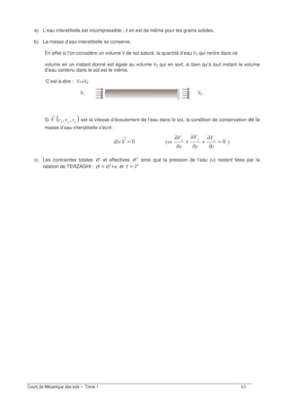 &?
a) L’eau interstitielle est incompressible ; il en est de même pour les grains solides,
b) La masse d’eau interstitielle se conserve,
En effet si l’on considère un volume $ de sol saturé, la quantité d’eau $1 qui rentre dans ce
volume en un instant donné est égale au volume $2 qui en sort, si bien qu’à tout instant le volume
d’eau contenu dans le sol est le même.
C’est-à-dire : $1=$2
$1 $2
Si ( )%1 7779 ;; est la vitesse d’écoulement de l’eau dans le sol, la condition de conservation de la
masse d’eau interstitielle s’écrit :
=97 (⇔ =
∂
∂
+
∂
∂
+
∂
∂ 9
%
9
1
9 %1
)
c) Les contraintes totales σ et effectives Aσ ainsi que la pression de l’eau (u) restent liées par la
relation de TERZAGHI : += Aσσ et Aττ =
 