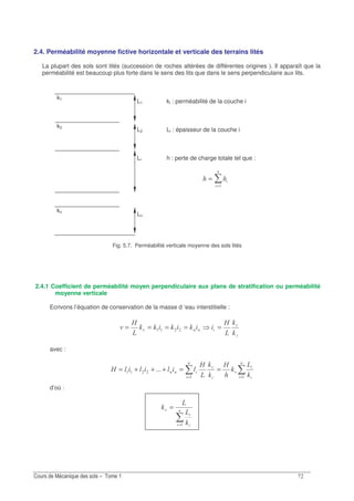 -
2.4. Perméabilité moyenne fictive horizontale et verticale des terrains lités
La plupart des sols sont lités (succession de roches altérées de différentes origines ). Il apparaît que la
perméabilité est beaucoup plus forte dans le sens des lits que dans le sens perpendiculaire aux lits.
k1
L1 ki : perméabilité de la couche i
k2
L2 Li : épaisseur de la couche i
Li h : perte de charge totale tel que :
=
=
kn
Ln
Fig. 5.7. Perméabilité verticale moyenne des sols lités
2.4.1 Coefficient de perméabilité moyen perpendiculaire aux plans de stratification ou perméabilité
moyenne verticale
Ecrivons l’équation de conservation de la masse d ‘eau interstitielle :
7
7
I
I:
IIII
:
7 =====
avec :
==
==+++= 7
7
I
I
:
I
I:
:
d’où :
=
=7
I
I
 
