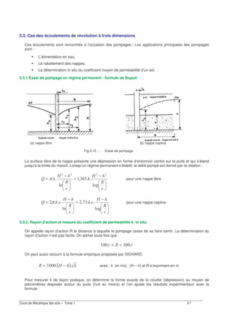E-
3.3. Cas des écoulements de révolution à trois dimensions
Ces écoulements sont rencontrés à l’occasion des pompages ; Les applications principales des pompages
sont :
L’alimentation en eau,
Le rabattement des nappes,
La détermination in situ du coefficient moyen de perméabilité d’un sol.
3.3.1 Essai de pompage en régime permanent : formule de Dupuit
(a) nappe libre (b) nappe captive
Fig.5.15 : . Essai de pompage
La surface libre de la nappe présente une dépression en forme d’entonnoir centré sur le puits et qui s’étend
jusqu'à la limite du massif. Lorsqu'un régime permanent s’établit, le débit pompé est donné par la relation :
−
=
−
=
5
:
I
5
:
IN
.4
!&?;
0
π pour une nappe libre
−
=
−
=
5
:
I
5
:
IN
.4
-!;
0
π pour une nappe captive
3.3.2. Rayon d’action et mesure du coefficient de perméabilité k in situ
On appelle rayon d’action R la distance à laquelle le pompage cesse de se faire sentir. La détermination du
rayon d’action n’est pas facile. On admet toute fois que
5 !<<
On peut aussi recourir à la formule empirique proposée par SICHARD:
( ) I:5 ! −= avec : k en m/s, (H – h) et R s’exprimant en m
Pour mesurer k de façon pratique, on détermine la forme exacte de la courbe (dépression) au moyen de
piézomètres disposés autour du puits (huit au moins) et l’on ajuste les résultats expérimentaux avec la
formule :
 