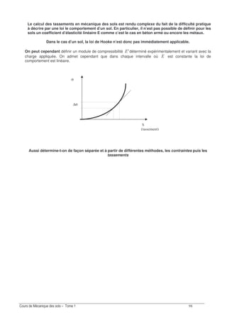 E
σ
'
3/ 11 0/7
∆σ
Le calcul des tassements en mécanique des sols est rendu complexe du fait de la difficulté pratique
à décrire par une loi le comportement d’un sol. En particulier, il n’est pas possible de définir pour les
sols un coefficient d’élasticité linéaire E comme c’est le cas en béton armé ou encore les métaux.
Dans le cas d’un sol, la loi de Hooke n’est donc pas immédiatement applicable.
On peut cependant définir un module de compressibilité A6 déterminé expérimentalement et variant avec la
charge appliquée. On admet cependant que dans chaque intervalle où 6 est constante la loi de
comportement est linéaire.
Aussi détermine-t-on de façon séparée et à partir de différentes méthodes, les contraintes puis les
tassements
 