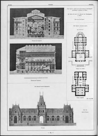 112. Проектъ зданія для скульптурныхъ произведеній
(гипсовыхъ отливокъ), въ Вънъ.
112. Studie fü r ein K. K. Museum der Gypsabgüsse
in W ien.
(ПроФ. Apx. O tto W agner.
Поперечный разръзъ.
113. Проектъ военнаго музея.
Apx. Стуколкинъ.
Акад. Арх.
Ароеній Пронинъ.
Фасадъ.
Планъ 1-го этажа.
Плань подвала.
(См. отр. 85).
114. Военный музей (Ароеналъ).
 