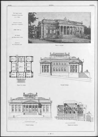 119. Зданіе музея
Изящныхъ Искусствъ,
въ г. Кіевъ.
Построено по проекту
Архитектора А. Городецкаго.
(1898—1900 г.).
119. Musée
des Beaux-Arts à Kiev.
P rojeté par
M -r A. G orodetsky, Arch.
Видъ съ натуры.
Планъ 1-го этажа.
Главный Фасадъ.
Боковой Фасадъ.
Продольный разръзъ.
 