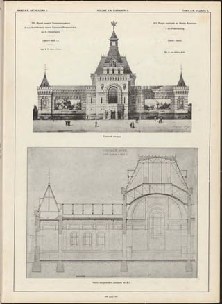Главный Фасадъ.
141. Музей памяти Генералиссимуса
Князя Италійскаго, гра®а Суворова-Рымникскаго,
въ С.-Петербургь.
(1900-1902 r.).
Apx. A. И. ф о н ъ - Г о г ѳ н ъ .
141. Projet confirmé du Musée Souvorov
à St.-Pétersbourg.
(1900—1902).
M-r A. von Hohen, Arch.
іп и ш т
I—
CYBDFDBCKÎË МУЗЕЙ
ЧАСТЬ РАЗРІЬЗА îiq ЛИКІИ ВГ.
Часть продольнаго разръза по В-Г.
 