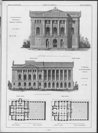 (См. отр. 140).
42. Зданіе библіотеки
Императорскаго
Варшавокаго Университета.
Арх. А. Яблонскій.
42. Bibliothèque
de l’Université Impériale
à Varsovie.
A. lablonsky, Aroh.
(V. p. 140).
Главный Фасадъ. Façade principale.
Боковой Ф асадъ . Façade latérale.
T T- r t___—
Plan du souterrain.
— r t i r r ; ;
Планъ 1-го этажа. Plan du rez-de-chaussée.
' ' ' ' r i t r i
Планъ подваловъ.
 