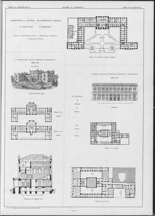 УНИВЕРСИТЕТЪ въ БЕРЛИНЪ. DIE UNIVERSITÄT zu BERLIN.
6. Главное зданіе. 6. Hauptgebäude.
Перестр. въ 1 84 4 —45 архит. Busse; въ 1 8 8 9 -9 2 архит. Heydemann,
по проекту арх. Klutm ann.
7. Анатомическій корпусъ Берлинскаго университета.
(1863—65).
Арх. Kremer.
Перспективный видъ.
Arch.
Cremer.
&
Zastrau.
Планъ 1 -го этажа.
Планъ 2-го этажа.
Планъ 2-го
этажа.
8. Laboratoire
de
Chimie
à
Berlin.
Планъ 1-го этажа главнаго зданія.
8. Зданіе химической лабораторіи Берлинскаго университета.
(1863-65).
Планъ 1-го
Разръзъ по главной оси.
этажа.
Фасадъ.
 