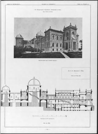 44. Императорская Королевская обсерваторія въ Вънъ.
Архит. Fellner und Helmer.
Перспективный видъ (главный Фасадъ).
44. K. K. Sternwarte in Wien.
Fellner uud Helmer, Arch.
— *-----------i -----------— ï -----------------------------im
П р о д о л ь н ы й р а з р ъ з ъ .
(См. стр. 190).
 