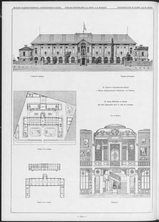 ВЫСШІЯ ХУДОЖ ЕСТВЕННЫЯ и ІѴІУЗЫКАЛЫНЫЯ ШКОЛЫ. ÉCOLES SUPÉRIEURES des ARTS et de MUSIQUE._______________HOCHSCHULEN für KUNST und fü r MUSIK.
Планъ 1-го этажа.
Планъ 2-го этажа.
21. Проектъ Національной Школы
и Музея Декоративныхъ Искусствъ, въ Лиможъ.
21. Ecole Nationale et Musée
des Arts Décoratifs pour la ville de Limoges.
Apx. H. Mayeux.
Разръзъ.
Façade principale.Главный Фасадъ.
 