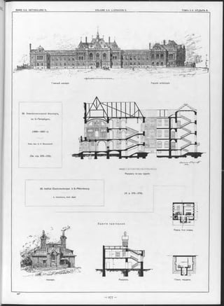 Главный Фаоадъ Façade principale
25. Электротехническій Институтъ,
въ С.-Петербургь.
(1898—1900 г.).
Акад. Арх. A. Н. Векшинскій
(См. стр. 275—276).
25, Institut Électrotechnique à S.-Pétersbourg.
A. Vekchinsky, Aroh. Aoad.
(V. p. 27 5-27 6).
З д а н і е п р а ч е ш н о й .
Планъ 1-го этажа.
Разръзъ по оси зданія.
Фасадъ. Разръзъ.
 