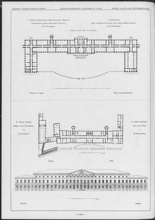 4. Зданіе Императорскаго Воспитательнаго Общества 4. Etablissement
благородныхъ дъвицъ (Смольный институтъ) pour l’éducation des jeunes filles nobles (Institut Smolna)
въ C -Петербургь. à St.-Pétersbourg.
' i x G. Растрелли (1 7 49 —1 76 5) и B . П. Отасовъ.
Планъ 1-го этажа Plan du rez-de-chaussée.
5. Зданіе Училища
Ордена святой Екатерины
въ
С.-Петербургъ.
B. Institut Catherine
pour jeunes filles
à
St.-Pétersbourg.
Лланъ. Plan.
Фасадъ. Façade.
 