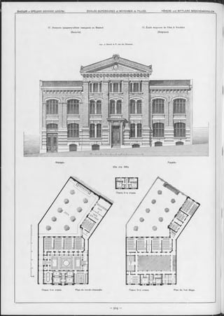 17. Женское средне-учебное заведеніе 8ъ Вервье
(Бельгія).
Apx. J. B enoit & P. van der Straeten.
17. École moyenne de filles à Verviers
(Belgique).
LLÏÏLE MOYENNE DE FILLES
Фасадъ. Façade.
( C m . стр 305).
Планъ 1-го этажа. Plan du rez-de-chaussée. Планъ 2-го этажа. Plan du 1-er étage.
 