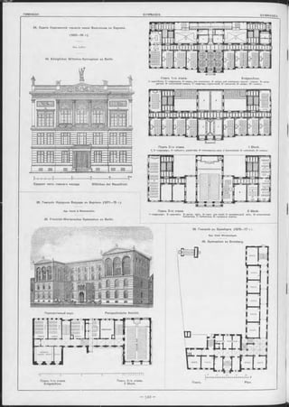 ГИМНАЗІИ. GYMNASES. GYMNASIEN
34. Зданіе Королеаокой гимназіи имени Вильгельма въ Берлинъ.
(1 8 6 3 -6 5 г.).
Apx. Lohse.
34. Königliches W ilhelm s-Gym nasium zu Berlin.
ГІланъ 1-го этажа. Erdgeschoss.
1—вестибюль. 2 —корридоръ. 3 —входъ для учениковъ. 4 —входъ для учѳниковъ пригот. класса. 5 —аппа-
ратная 6 —Физинескій классъ. 7 —квартиры служителей. 8 —казначей. 9 —дворъ. 10—классы.
5 о 5 ю 15 20т
h l і i i- I-----------------1----------------- 1----------------- 1----------------- 1
Средняя чаоть главнаго Фасада. M ittelbau der Hauptfront.
Планъ 3-го этажа. 2 Stock.
1—корридоръ. 2 —аванзалъ. 3 —актов. залъ. 4 —залъ для пънія. 5 —рисовальный залъ. 6 —ученическая
библіотека. 7 —библіотека. 8 —запасные классы.
4 ----------------S ----------------- 1------------------ Ï------------------ 7ТГТТТТТТП
Планъ 1-го этажа. Плань 3-го этажа.
Erdgeschoss. 2 Stock.
Планъ 2-го этажа.
1, 2 —корридоры. 3 —кабинетъ директора.
Перспективный видъ. Perspectivische Ansicht.
I Stock.
ъ-залъ и учительская. 5 —коллекціи. 6 —классы-
36. Гимназія въ Бромбергъ (1875—77 г.).
Apx. Koch W inchenbach.
36. Gymnasium zu Bromberg.
35. Гимназія Фридриха Вердера въ Берлинъ. (1871—75 г.).
Apx. Hanel & B lankenstein.
35. Friedrich-W erdersches Gymnasium zu Berlin.
Планъ.
 