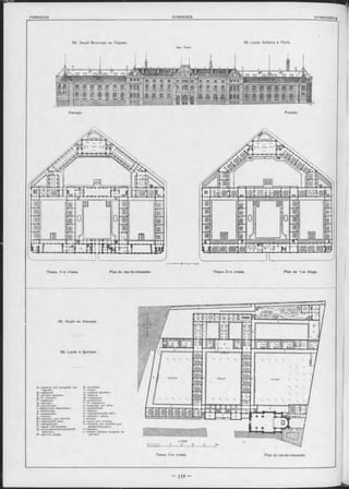 55. Lycée Voltaire à Paris.
Façade.
55. Лицей Вольтера въ Парижъ.
Apx. Train.
Фасадъ.
Планъ 1-го этажа. Plan du rez-de-chaussée. Планъ 2-го этажа. Plan du 1-er étage.
56. Лицей въ Кемперъ.
56. Lycée à Quimper.
A —комната для ожиданія экс- S
тѳрновъ. Т
В —пріѳмная. U
0 —лътняя пріѳмная. V
D, Е —экономъ. W
F —пѳрѳдняя X -
G—рѳкторъ. Y,
Н —инопѳкторъ. а -
1—библіотѳка классиковъ. Ь-
J —библіотѳка. с -
К —корридоры. d -
L —классы. е -
М —комнаты для занятій. f —
N —химичеокій залъ. g
О—лабораторія. h
Р—сараи мастерскихъ.
Q —ѳстеотвѳнно-историческій і-
кабинѳгь. j-
R —крытый дворъ.
столовая.
кухня.
выдача кушанья.
ванныя.
—кладовыя.
-служителя.
Z —кладовыя.
кладовая для мяоа.
•судомойная.
запасы.
гимнастическій залъ.
кабинѳтъ врача.
аптѳка.
-кухня для кипятку.
-комната для занятій выз-
доравливающихъ.
карцѳръ.
старая часовня коллѳгіи іѳ-
зуитовъ
Планъ 1-го этажа. Plan du rez-de-chaussée.
 