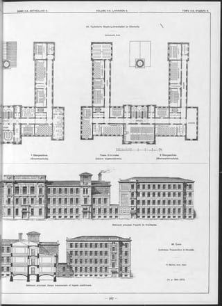 94. Technische Staats-Lehranstalten zu Chemnitz. 
G ottschaidt, Arch.
Bâtiment principal. Coupe transversale et façade postérieure.
95. École
technique Trapesnikov à Irkoutsk.
R. M arfeld, Aroh. Acad.
(V. p 366—371).
<0 Э 8 7 6 S V 3 2 1 0 5 10 ?Oli r
l ' I ’ I ' I ' I ' I ' I ' I ' I ' H ------- І— ----- 1-----— t ---- — i “
1 Obergeschoss. Планъ 3-го этажа. 2 Obergeschoss.
(Gewerbeschule). (Школа подмастерьевъ). (W erkmeisterschule).
Bâtiment principal. Façade du frontispice.
 