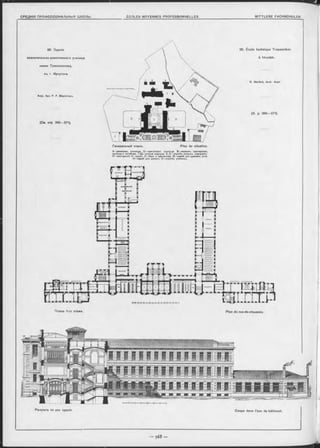 Планъ 1-го этажа. Plan du rez-de-chaussée.
Акад. Apx. P. P. МарФельдъ.
95. Зданіе
воопитательно-ремесленнаго училища
имени Трапезникова,
въ г. Иркутскъ.
95. École technique Trapesnikov
à Irkoutsk.
R. M arfeld, Arch. Acad.
(C m. стр. 36 6-37 1).
Генеральный планъ. Plan de situation.
A —ремѳслѳн. училищѳ. Б —приготовит. училищѳ. В —мѳханич. ’ мастѳрская,
кузница и литѳйная. Г ,ІД —жилыѳ корпуса. Е, Е —службы жилыхъ корпусовъ.
И —мастерскія. К —кухня. /1—баня и прачешная. М —сарай для дрѳвѳсн. угля.
Н —сарай для досокъ. О —службы училищъ.
(V. р. 3 6 6 -3 7 1 ).
Р азръзъ по оои зданія. Coupe dans l’axe du bâtiment.
 