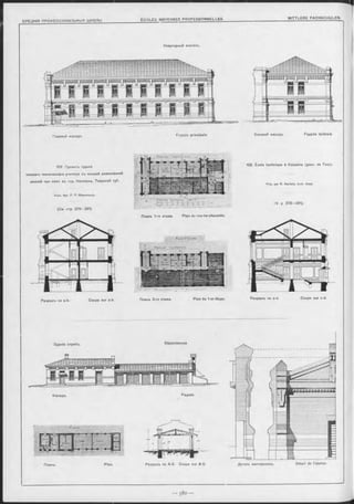 Главный Фасадъ.
102. Проектъ зданія
низшаго техническаго училища съ низшей ремесленной
школой при немъ въ гор. Калязинв, Тверской губ.
Акад. Apx. P. Р. М а р Ф е л ь д ъ .
(См. стр. 3 7 8 —381)
Боковой оасадъ. Façade latérale.
102. École technique à Kalazine (gouv. de Tver).
P ro j. par R. M arfeld, Arch. Acad.
(V. p 3 7 8 -3 8 1 ).
Фасадъ. Façade.
Разръзъ no a-b. Coupe sur a-b.
Зданіе службъ.
Ппанъ 2-ro этажа. Plan du 1-er étage.
Dépendances
Разръзъ no c-d.
Лланъ. Plan. Разръзъ no А-Б. Coupe sur А-Б.
Квартирный Флигель.
Façade principale
Coupe sur c-d.
Деталь мастерскихъ. Détail de l’atelier.
Планъ 1-го этажа. Plan du rez-de-chaussée.
 