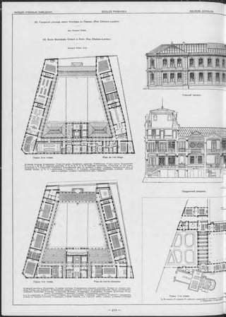 83. Городское училище имени Кольбера въ Парижъ. (Rue Chateau-Landon).
Apx. Edouard V illain.
83. École Municipale Colbert à Paris (Rue Chateau-Landon).
Главный оасадъ.
Планъ 2-го этажа. Plan du 1-er étage.
А-главная лъстница. В-корридоры. О -крытый дворъ. D-кабинетъ директора. Е-библіотека. F -залъ совъта. Ѳ-ианцелярія.
H, I, J, К , L, М, N, О —квартира директора. Р, Q, R, S, Т , U. V, X —квартира инспектора. Y-лъстница во 2-й этажъ.
а-коллекціи, b, I, n-аудиторіи, с-моделажъ, d-рисовальный залъ съ орнамент. и краск., е-кладов.. f -рисовальный залъ съ
геометр. Ф и гу р ъ , g, m, о, r-учитѳльская, h, j -классы, і, к, s-кладов., р-химичѳская лабораторія, q-лаборат. подготов.
работъ, t -приборы, u-классъ, ѵ-риоовальный залъ, х-уборныя.
Edouard V illa in , Arch.
Продольный разръзъ.
А-главный вестибюль. В-швейцаръ. С-главная льотница. D-надзиратель старшаго отдъленія. Е-входъ въ старшее отдъ-
лѳніе. F -входъ для учѳниковъ. G-надзиратель средняго отдьленія. Н-входъ въ среднее отдъленіѳ. І-входъ для учениковъ.
J -кабинетъ инспвктора. К-экономъ. L -аудиторія. М-классъ. N-корридоры. О-мастерская. Р-кладов. Q-лъстница R-слу-
житель. S-корридоръ. Т-аудиторія. U-класоъ. Ѵ-учительская. Х-лъстница.
а, ѳ, h, р-аудиторіи, b, d, і, q-классы, с-кладов., g, г, j -учительская, k-пріѳмная, І-веотибюль, m-кабинетъ надзирателя,
n-входъ въ младшеѳ отдьленіѳ, о-корридоръ, s-тѳплая комната, t, u, ѵ-кры ты й дворъ, х-дворъ, у-уборная z-столовая. Планъ 1-го этажа.
A. В —клаосы; С —модѳли; D —кабинетъ дирѳктора; Е “ 0Т0Л0?а” ’. „ тИбюлі>'
I—корридоры; J -веоіи
Планъ 1-го этажа. Plan du rez-de-chaussée
 