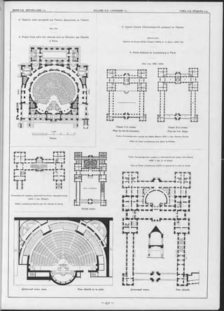 4. Проектъ зала засъданій для Палаты Депутатовъ въ Парижѣ.
Apx. Joly.
4. Projet d’une salle des séances pour la Chambre des Députés
à Paris.
Люксембургскій дворѳцъ, приспособленный для засъданій сѳната
(1804 г.) Apx. C halgrin.
Palais Luxem bourg disposé pour les séances du Sénat.
5. Зданіе Сената (Люксембургскій дворецъ) въ Парижь.
Архитекторы:
Salomon de Brosse (1612), C halgrin (1804), A. de Gisors (1 8 3 1 -3 4 ).
5. Palais National du Luxembourg à Paris,
(C m . стр. 432 —433).
Планы Люксембургскаго дворца съ пристройкой для новаго зала Сената
• г ) Apx. A. de Gisors.
Plan du Palais Luxem bourg m odifié et agrandi de la salle du Sénat.
Общій планъ
" 1-----T-
Детальный планъ. Plan détaillé.
Планъ.
Планъ 1-го этажа. Планъ 2-го этажа.
Plan du rez-de-chaussée. Plan du 1-er étage.
Планы Люксембургскаго дворца при Маріи Медичи (1612 г.) Apx. Salomon Brosse.
Plans du Palais Luxembourg sous M arie de M édicis.
Детальный планъ зала. Plan détaillé de la salle.
 