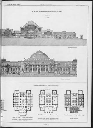 40. Un Palais pour le Parlement. Concours du Grand Prix (1888).
Tournaire, Arch.
(1 prix).
Coupe transversale.
- 467 —
41. Palais des Etats Généraux de Finlande à Helslngfor;
G Nyström, Arch.
Планъ 3-го этажа Plan du 2-me étage.
A —хоры для публики.
Планъ 1-го этажа. Plan du rez-de-chaussée.
A—канцелярія. Б —буФетъ. В —помъщеніе для комитѳтовъ
Г —вестибюль Д —лъстница.
А —залъ для общаго засъданія крестьянскаго сословія.
Б —тожѳ для мъщанъ. В —тожѳ для духовенства. Г —пѳ-
редняя. Д —канцѳлярія. Е —комитетъ.
Plan du 1-er étage.Планъ 2-го этажа.
Coupe longitudinale.
 
