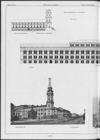 1. Зданіе Городской Думы въ С.-Петербургь.
Арх. Бонштедтъ.
g j І Г? % J ï ? л> Ca-.'fC^tct
Фаоадъ (до переотройки). Façade (avant la reconstruction).
Фасадъ.
Перспективный видъ. Vue perspective.
 