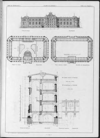 Hauptfaçade.Главный Фасадъ.
Erdgeschoss.
Querschnitt. Продольный разръзъ. Längnschnitt.
Планъ верхнихъ этажей. Grundriss der ObergeschosseПланъ 1-го этажа.
62. Зданіе тюрьмы въ Карлсруэ.
ГІро^. Apx. J. Durm.
62. Amtsgefängnis zu Karlsruhe.
J. Durm, Prof.
Поперечный разръз-ь.
 