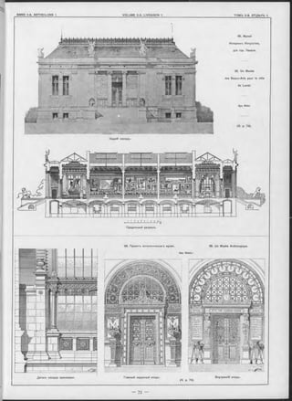 Задній Фасадъ.
95. Музей
Изящныхъ Искусствъ,
для гор. Лаваля.
95. Un Musée
des Beaux-Arts pour la ville
de Laval.
Apx. Ridel.
(V. p. 74).
■ ? ? î ? 6 l 6 ? у»м
Продольный разръзъ.
96. Проектъ антологическаго музея. 95. Un Musée Anthologique.
Apx. W able.1
Главный наружный входъ. Внутренній входъ.
(V. р. 74)
Деталь Ф аоада оранжереи.
 