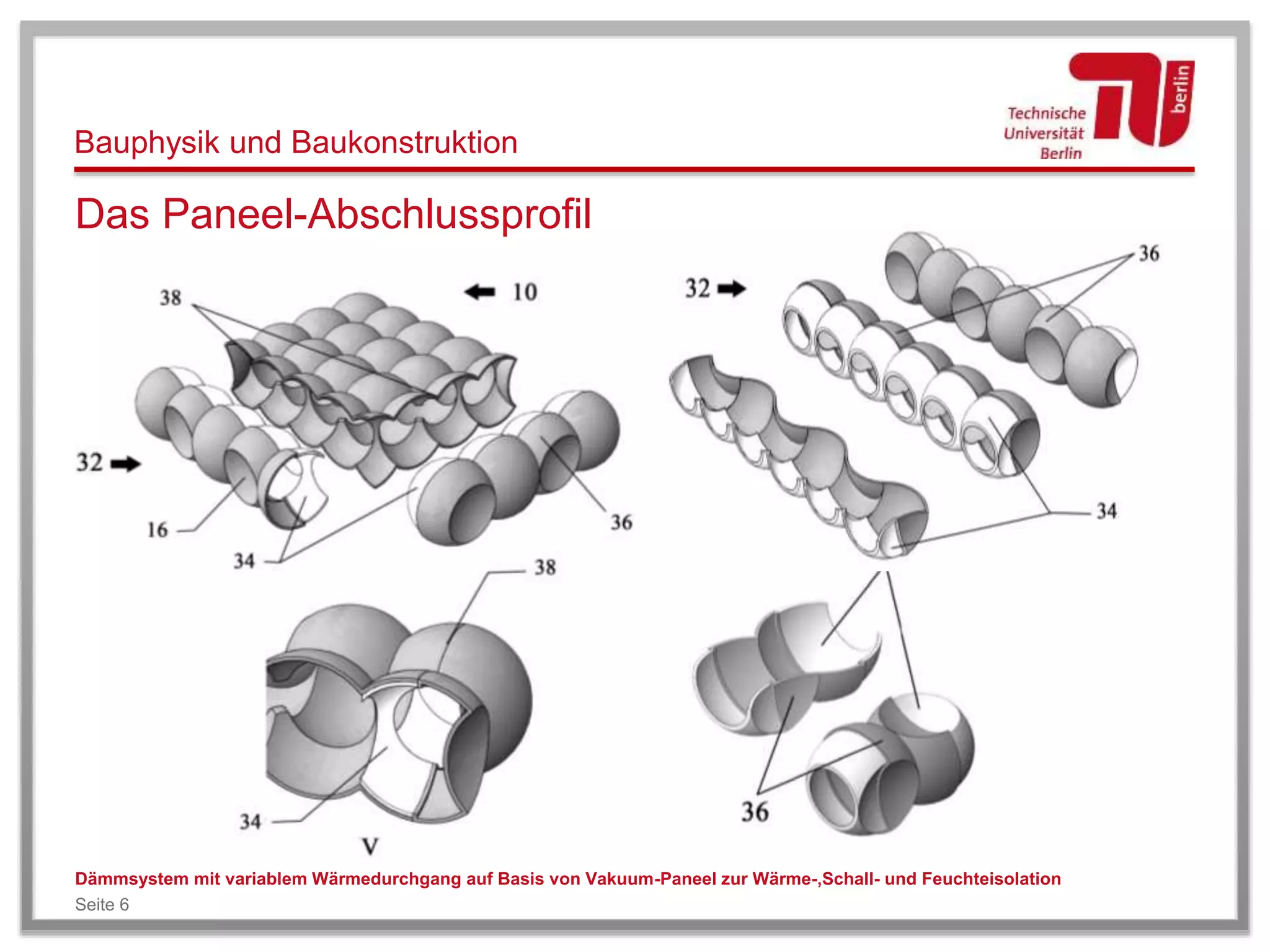 Bauphysik und Baukonstruktion
Das Paneel-Abschlussprofil
Dämmsystem mit variablem Wärmedurchgang auf Basis von Vakuum-Paneel zur Wärme-,Schall- und Feuchteisolation
Seite 6
 