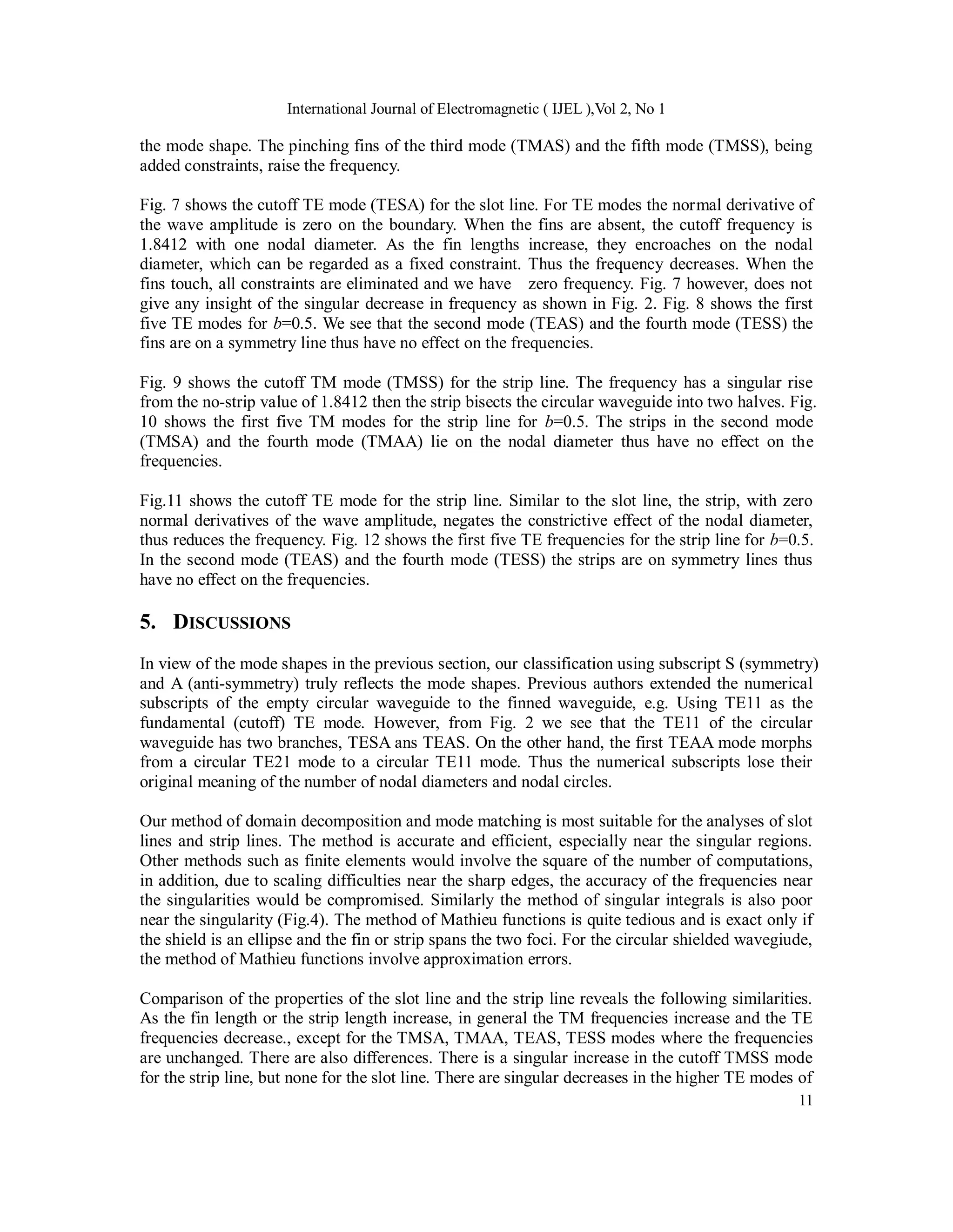 International Journal of Electromagnetic ( IJEL ),Vol 2, No 1
11
the mode shape. The pinching fins of the third mode (TMAS) and the fifth mode (TMSS), being
added constraints, raise the frequency.
Fig. 7 shows the cutoff TE mode (TESA) for the slot line. For TE modes the normal derivative of
the wave amplitude is zero on the boundary. When the fins are absent, the cutoff frequency is
1.8412 with one nodal diameter. As the fin lengths increase, they encroaches on the nodal
diameter, which can be regarded as a fixed constraint. Thus the frequency decreases. When the
fins touch, all constraints are eliminated and we have zero frequency. Fig. 7 however, does not
give any insight of the singular decrease in frequency as shown in Fig. 2. Fig. 8 shows the first
five TE modes for b=0.5. We see that the second mode (TEAS) and the fourth mode (TESS) the
fins are on a symmetry line thus have no effect on the frequencies.
Fig. 9 shows the cutoff TM mode (TMSS) for the strip line. The frequency has a singular rise
from the no-strip value of 1.8412 then the strip bisects the circular waveguide into two halves. Fig.
10 shows the first five TM modes for the strip line for b=0.5. The strips in the second mode
(TMSA) and the fourth mode (TMAA) lie on the nodal diameter thus have no effect on the
frequencies.
Fig.11 shows the cutoff TE mode for the strip line. Similar to the slot line, the strip, with zero
normal derivatives of the wave amplitude, negates the constrictive effect of the nodal diameter,
thus reduces the frequency. Fig. 12 shows the first five TE frequencies for the strip line for b=0.5.
In the second mode (TEAS) and the fourth mode (TESS) the strips are on symmetry lines thus
have no effect on the frequencies.
5. DISCUSSIONS
In view of the mode shapes in the previous section, our classification using subscript S (symmetry)
and A (anti-symmetry) truly reflects the mode shapes. Previous authors extended the numerical
subscripts of the empty circular waveguide to the finned waveguide, e.g. Using TE11 as the
fundamental (cutoff) TE mode. However, from Fig. 2 we see that the TE11 of the circular
waveguide has two branches, TESA ans TEAS. On the other hand, the first TEAA mode morphs
from a circular TE21 mode to a circular TE11 mode. Thus the numerical subscripts lose their
original meaning of the number of nodal diameters and nodal circles.
Our method of domain decomposition and mode matching is most suitable for the analyses of slot
lines and strip lines. The method is accurate and efficient, especially near the singular regions.
Other methods such as finite elements would involve the square of the number of computations,
in addition, due to scaling difficulties near the sharp edges, the accuracy of the frequencies near
the singularities would be compromised. Similarly the method of singular integrals is also poor
near the singularity (Fig.4). The method of Mathieu functions is quite tedious and is exact only if
the shield is an ellipse and the fin or strip spans the two foci. For the circular shielded wavegiude,
the method of Mathieu functions involve approximation errors.
Comparison of the properties of the slot line and the strip line reveals the following similarities.
As the fin length or the strip length increase, in general the TM frequencies increase and the TE
frequencies decrease., except for the TMSA, TMAA, TEAS, TESS modes where the frequencies
are unchanged. There are also differences. There is a singular increase in the cutoff TMSS mode
for the strip line, but none for the slot line. There are singular decreases in the higher TE modes of
 