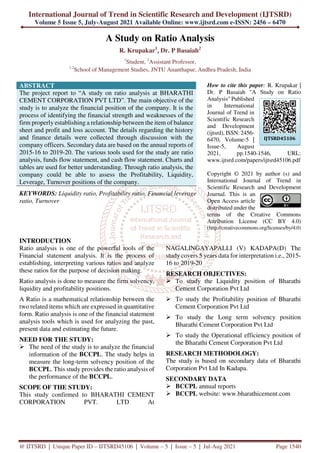 Ratio Analysis Project R A Study on Ratio Analysis | PDF