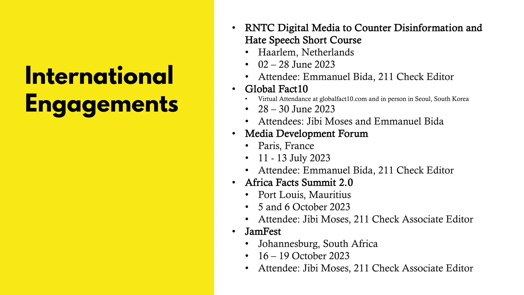 International
Engagements
• RNTC Digital Media to Counter Disinformation and
Hate Speech Short Course
• Haarlem, Netherlands
• 02 – 28 June 2023
• Attendee: Emmanuel Bida, 211 Check Editor
• Global Fact10
• Virtual Attendance at globalfact10.com and in person in Seoul, South Korea
• 28 – 30 June 2023
• Attendees: Jibi Moses and Emmanuel Bida
• Media Development Forum
• Paris, France
• 11 - 13 July 2023
• Attendee: Emmanuel Bida, 211 Check Editor
• Africa Facts Summit 2.0
• Port Louis, Mauritius
• 5 and 6 October 2023
• Attendee: Jibi Moses, 211 Check Associate Editor
• JamFest
• Johannesburg, South Africa
• 16 – 19 October 2023
• Attendee: Jibi Moses, 211 Check Associate Editor
 