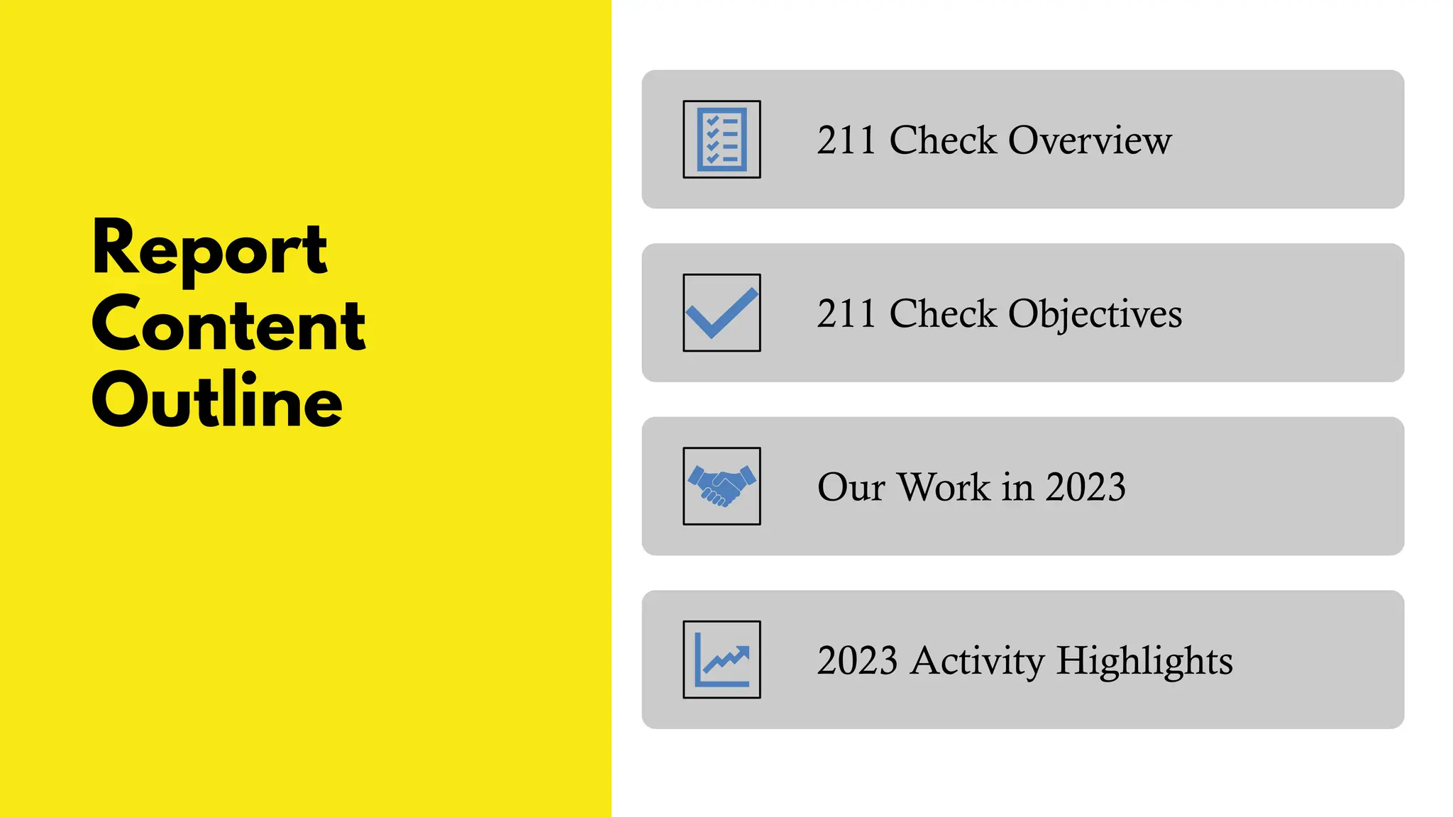 Report
Content
Outline
211 Check Overview
211 Check Objectives
Our Work in 2023
2023 Activity Highlights
 