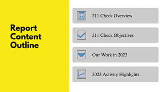 Report
Content
Outline
211 Check Overview
211 Check Objectives
Our Work in 2023
2023 Activity Highlights
 