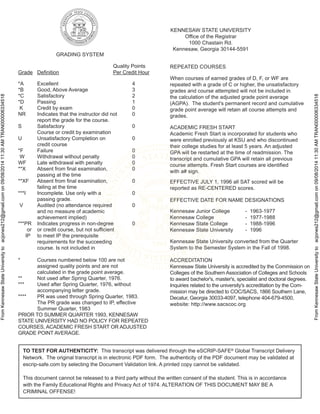 FromKennesawStateUniversitytoacjones212@gmail.comon09/08/201411:30AMTRAN000006334518
FromKennesawStateUniversitytoacjones212@gmail.comon09/08/201411:30AMTRAN000006334518
REPEATED COURSES
When courses of earned grades of D, F, or WF are
repeated with a grade of C or higher, the unsatisfactory
grades and course attempted will not be included in
the calculation of the adjusted grade point average
(AGPA). The student's permanent record and cumulative
grade point average will retain all course attempts and
grades.
ACADEMIC FRESH START
Academic Fresh Start is incorporated for students who
were enrolled previously at KSU and who discontinued
their college studies for at least 5 years. An adjusted
GPA will be restarted at the time of readmission. The
transcript and cumulative GPA will retain all previous
course attempts. Fresh Start courses are identified
with a# sign.
EFFECTIVE JULY 1, 1996 all SAT scored will be
reported as RE-CENTERED scores.
EFFECTIVE DATE FOR NAME DESIGNATIONS
Kennesaw Junior College - 1963-1977
Kennesaw College - 1977-1988
Kennesaw State College - 1988-1996
Kennesaw State University - 1996
Kennesaw State University converted from the Quarter
System to the Semester System in the Fall of 1998.
ACCREDITATION
Kennesaw State University is accredited by the Commission on
Colleges of the Southern Association of Colleges and Schools
to award bachelor's, master's, specialist and doctoral degrees.
Inquiries related to the university's accreditation by the Com-
mission may be directed to COC/SACS, 1866 Southern Lane,
Decatur, Georgia 30033-4097, telephone 404-679-4500,
website: http://www.sacscoc.org
Quality Points
Grade Definition Per Credit Hour
*A Excellent 4
*B Good, Above Average 3
*C Satisfactory 2
*D Passing 1
K Credit by exam 0
NR Indicates that the instructor did not 0
report the grade for the course.
S Satisfactory 0
Course or credit by examination
U Unsatisfactory Completion on 0
credit course
*F Failure 0
W Withdrawal without penalty 0
WF Late withdrawal with penalty 0
**X Absent from final examination, 0
passing at the time
**XF Absent from final examination, 0
failing at the time
***I Incomplete. Use only with a 0
passing grade.
V Audited (no attendance required 0
and no measure of academic
achievement implied)
***PR Indicates progress in non-degree 0
or or credit course, but not sufficient
IP to meet IP the prerequisite
requirements for the succeeding
course. Is not included in
* Courses numbered below 100 are not
assigned quality points and are not
calculated in the grade point average.
** Not used after Spring Quarter, 1976.
*** Used after Spring Quarter, 1976, without
accompanying letter grade.
**** PR was used through Spring Quarter, 1983.
The PR grade was changed to IP, effective
Summer Quarter, 1983
PRIOR TO SUMMER QUARTER 1993, KENNESAW
STATE UNIVERSITY HAD NO POLICY FOR REPEATED
COURSES, ACADEMIC FRESH START OR ADJUSTED
GRADE POINT AVERAGE.
KENNESAW STATE UNIVERSITY
Office of the Registrar
1000 Chastain Rd.
Kennesaw, Georgia 30144-5591
GRADING SYSTEM
TO TEST FOR AUTHENTICITY: This transcript was delivered through the eSCRIP-SAFE®
Global Transcript Delivery
Network. The original transcript is in electronic PDF form. The authenticity of the PDF document may be validated at
escrip-safe.com by selecting the Document Validation link. A printed copy cannot be validated.
This document cannot be released to a third party without the written consent of the student. This is in accordance
with the Family Educational Rights and Privacy Act of 1974. ALTERATION OF THIS DOCUMENT MAY BE A
CRIMINAL OFFENSE!
 