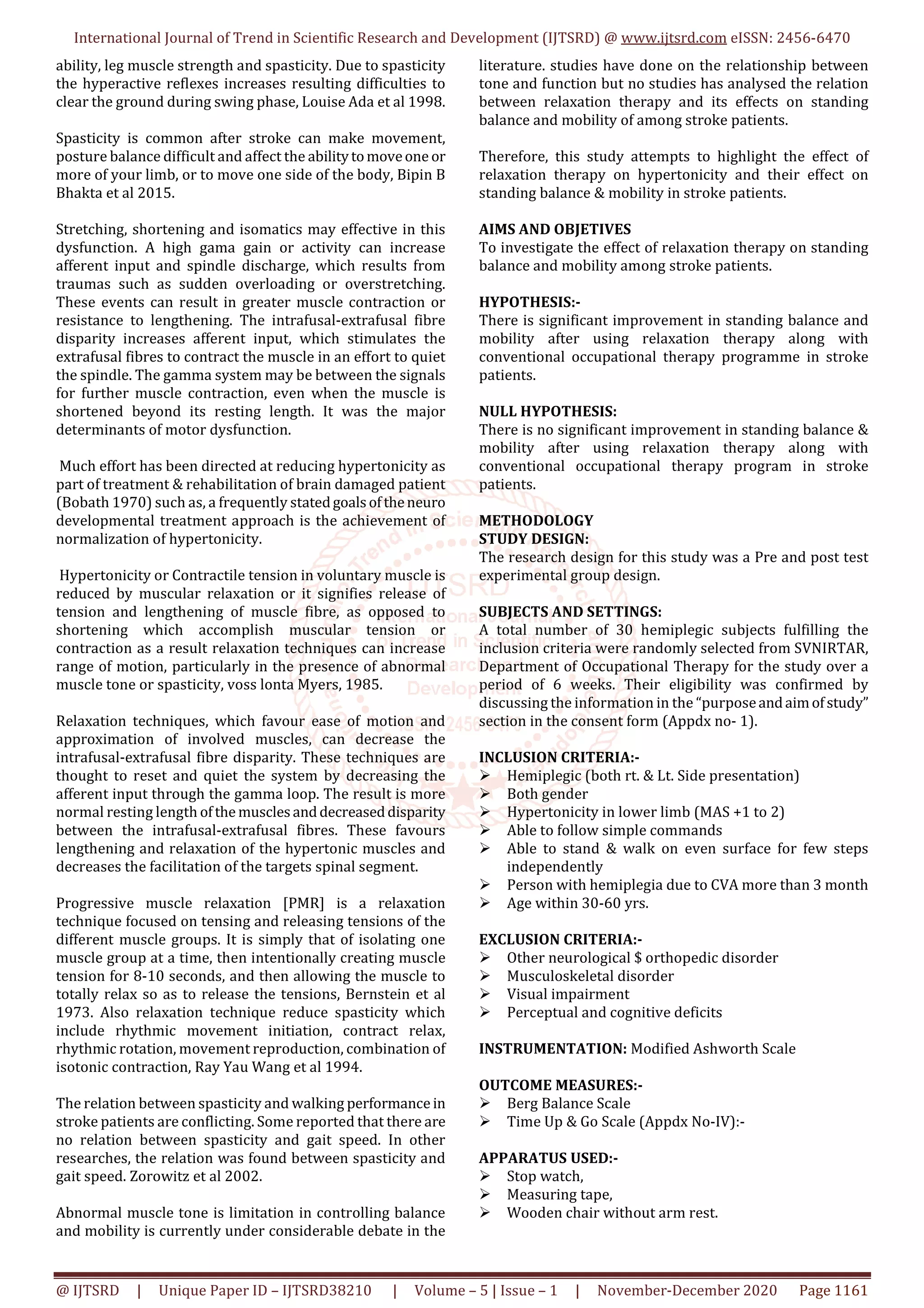 Effect of Relaxation Therapy on Standing Balance and Mobility among Stroke Patients
