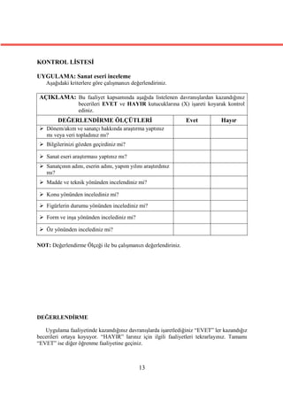 KONTROL LİSTESİ

UYGULAMA: Sanat eseri inceleme
    Aşağıdaki kriterlere göre çalışmanızı değerlendiriniz.

 AÇIKLAMA: Bu faaliyet kapsamında aşağıda listelenen davranışlardan kazandığınız
                  becerileri EVET ve HAYIR kutucuklarına (X) işareti koyarak kontrol
                  ediniz.
         DEĞERLENDİRME ÖLÇÜTLERİ                                Evet          Hayır
  Dönem/akım ve sanatçı hakkında araştırma yaptınız
   mı veya veri topladınız mı?
  Bilgilerinizi gözden geçirdiniz mi?

  Sanat eseri araştırması yaptınız mı?
  Sanatçının adını, eserin adını, yapım yılını araştırdınız
   mı?
  Madde ve teknik yönünden incelendiniz mi?

  Konu yönünden incelediniz mi?
  Figürlerin durumu yönünden incelediniz mi?

  Form ve inşa yönünden incelediniz mi?

  Öz yönünden incelediniz mi?

NOT: Değerlendirme Ölçeği ile bu çalışmanızı değerlendiriniz.




DEĞERLENDİRME

   Uygulama faaliyetinde kazandığınız davranışlarda işaretlediğiniz “EVET” ler kazandığız
becerileri ortaya koyuyor. “HAYIR” larınız için ilgili faaliyetleri tekrarlayınız. Tamamı
“EVET” ise diğer öğrenme faaliyetine geçiniz.



                                              13
 