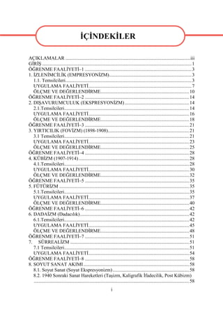 İÇİNDEKİLER

AÇIKLAMALAR .......................................................................................................iii
GİRİŞ ........................................................................................................................... 1
ÖĞRENME FAALİYETİ–1 ........................................................................................ 3
1. İZLENİMCİLİK (EMPRESYONİZM).................................................................... 3
   1.1. Temsilcileri........................................................................................................ 3
   UYGULAMA FAALİYETİ..................................................................................... 7
   ÖLÇME VE DEĞERLENDİRME......................................................................... 10
ÖĞRENME FAALİYETİ–2 ...................................................................................... 14
2. DIŞAVURUMCULUK (EKSPRESYONİZM) ..................................................... 14
   2.1.Temsilcileri....................................................................................................... 14
   UYGULAMA FAALİYETİ................................................................................... 16
   ÖLÇME VE DEĞERLENDİRME......................................................................... 18
ÖĞRENME FAALİYETİ–3 ...................................................................................... 21
3. YIRTICILIK (FOVİZM) (1898-1908)................................................................... 21
   3.1 Temsilcileri....................................................................................................... 21
   UYGULAMA FAALİYETİ................................................................................... 23
   ÖLÇME VE DEĞERLENDİRME......................................................................... 25
ÖĞRENME FAALİYETİ–4 ...................................................................................... 28
4. KÜBİZM (1907-1914) ........................................................................................... 28
   4.1.Temsilcileri....................................................................................................... 28
   UYGULAMA FAALİYETİ................................................................................... 30
   ÖLÇME VE DEĞERLENDİRME......................................................................... 32
ÖĞRENME FAALİYETİ–5 ...................................................................................... 35
5. FÜTÜRİZM ........................................................................................................... 35
   5.1.Temsilcileri....................................................................................................... 35
   UYGULAMA FAALİYETİ................................................................................... 37
   ÖLÇME VE DEĞERLENDİRME......................................................................... 40
ÖĞRENME FAALİYETİ–6 ...................................................................................... 42
6. DADAİZM (Dadacılık).......................................................................................... 42
   6.1.Temsilcileri....................................................................................................... 42
   UYGULAMA FAALİYETİ................................................................................... 45
   ÖLÇME VE DEĞERLENDİRME......................................................................... 48
ÖĞRENME FAALİYETİ–7 ...................................................................................... 51
7. SÜRREALİZM .................................................................................................. 51
   7.1 Temsilcileri....................................................................................................... 51
   UYGULAMA FAALİYETİ................................................................................... 54
ÖĞRENME FAALİYETİ–8 ...................................................................................... 58
8. SOYUT SANAT AKIMI ....................................................................................... 58
   8.1. Soyut Sanat (Soyut Ekspresyonizm) ............................................................... 58
   8.2. 1940 Sonraki Sanat Hareketleri (Taşizm, Kaligrafik İfadecilik, Post Kübizm)
   ................................................................................................................................ 58
                                                                  i
 