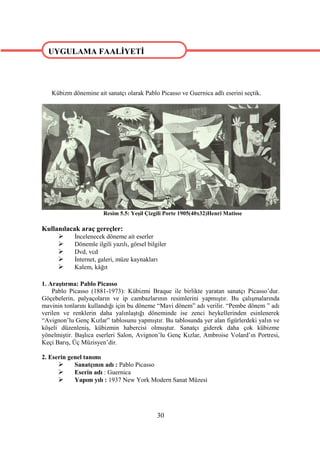 UYGULAMA FAALİYETİ




   Kübizm dönemine ait sanatçı olarak Pablo Picasso ve Guernica adlı eserini seçtik.




                        Resim 5.5: Yeşil Çizgili Porte 1905(40x32)Henri Matisse

Kullanılacak araç gereçler:
          İncelenecek döneme ait eserler
          Dönemle ilgili yazılı, görsel bilgiler
          Dvd, vcd
          İnternet, galeri, müze kaynakları
          Kalem, kâğıt

1. Araştırma: Pablo Picasso
    Pablo Picasso (1881-1973): Kübizmi Braque ile birlikte yaratan sanatçı Picasso’dur.
Göçebelerin, palyaçoların ve ip cambazlarının resimlerini yapmıştır. Bu çalışmalarında
mavinin tonlarını kullandığı için bu döneme “Mavi dönem” adı verilir. “Pembe dönem ” adı
verilen ve renklerin daha yalınlaştığı döneminde ise zenci heykellerinden esinlenerek
“Avignon’lu Genç Kızlar” tablosunu yapmıştır. Bu tablosunda yer alan figürlerdeki yalın ve
köşeli düzenleniş, kübizmin habercisi olmuştur. Sanatçı giderek daha çok kübizme
yönelmiştir. Başlıca eserleri Salon, Avignon’lu Genç Kızlar, Ambroise Volard’ın Portresi,
Keçi Barış, Üç Müzisyen’dir.

2. Eserin genel tanımı
           Sanatçının adı : Pablo Picasso
           Eserin adı : Guernica
           Yapım yılı : 1937 New York Modern Sanat Müzesi




                                             30
 